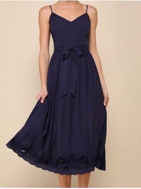 {NWT} Lulu's Navy Blue Spaghetti-Strap Midi Dress with Tie Waist and Eyelet Hem